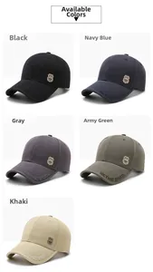 Detail view of cotton baseball caps in black, navy, grey, army green, and khaki colors