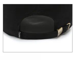 Detail of adjustable cotton baseball cap rear strap with vintage bronze metal buckle