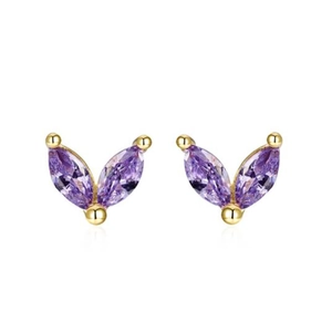 Minimalist S925 silver leaf earrings with purple marquise cubic zirconia in gold plating