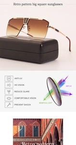 Detail of square gold metal sunglasses with HD vision lenses and Anti-UV protection