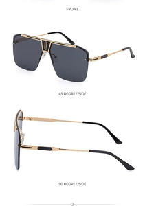 Multi-angle view of gold and black square sunglasses with rimless grey lenses