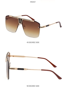 Detail view of square metal sunglasses with tea gradient lenses and gold frame hinges