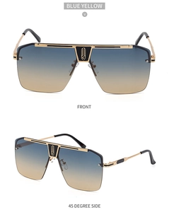 Front and 45-degree views of gold metal sunglasses with blue-yellow gradient lenses