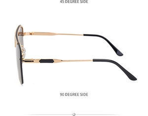 Detail view of large frame sunglasses showing 45 and 90 degree side metal temple structure