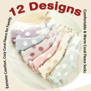 Plush coral fleece thermal socks for women with polka dots and bow in various colors