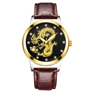 Men's quartz watch with gold dragon relief, black dial, and brown leather strap