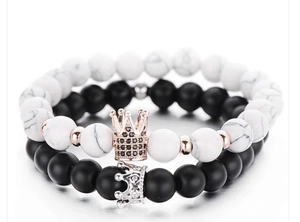 Matte black and white marble bead bracelet set with rose gold and silver crown pendants