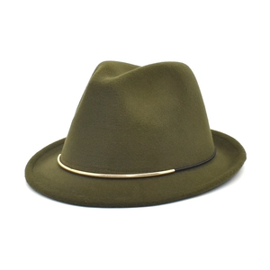 Detail of dark green wool fedora hat featuring black ribbon and gold metal accent