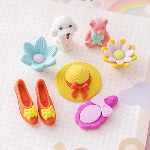 8-piece set of cartoon assembleable erasers featuring puppy, bear and floral shapes