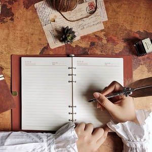Retro A6 leather refillable notebook with brown cover and vintage world map background