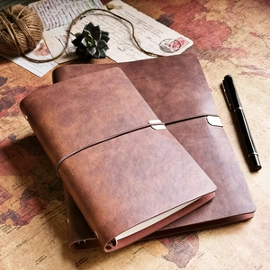 Vintage brown faux leather binder notebooks with elastic strap on a retro map background