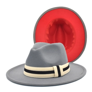 Chapeaux Fedora classiques en feutre de laine gris et rouge avec ruban gros-grain
