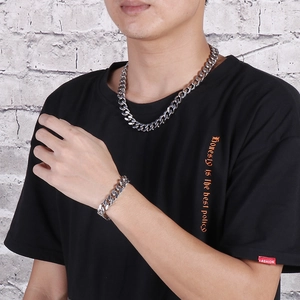 Silver cuban chain necklace and bracelet set for men in hip hop fashion style