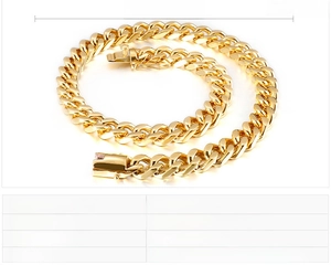Detail view of a 12mm wide golden cuban link chain with technical size specifications