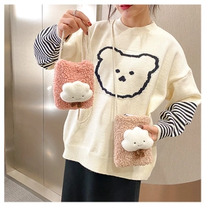 Detailed comparison of pink and beige fluffy fleece cloud crossbody mini phone bags