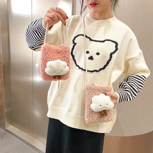 Cute lamb wool phone bags in pink and beige with 3D cloud design for women's crossbody wear