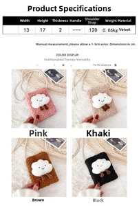 Size chart and details of fluffy faux fur cloud mini crossbody bag with four color options