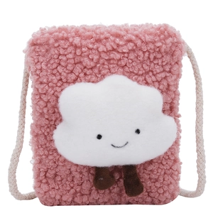 Pink fleece cloud crossbody bag with smiley face detail and rope shoulder strap