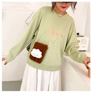 Close-up of brown fuzzy fleece phone bag with a cute white cloud and slim rope strap