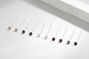 Detailed view of S925 sterling silver threader earrings with colorful gemstones