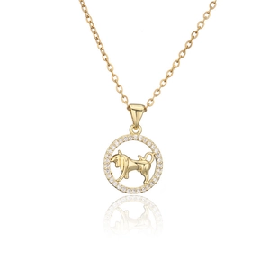 Close-up of gold Leo zodiac necklace pendant with micro-pave crystals and polished finish