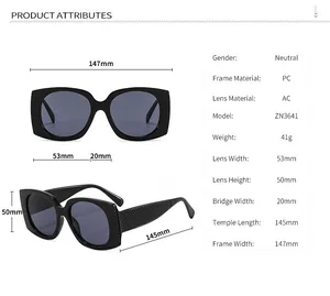 Detailed size chart for oversized vintage sunglasses with PC frame and AC lens dimensions