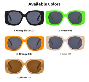 Five pairs of oversized square sunglasses in black, green, orange, beige and tea colors