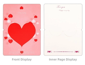 Front and inside view of 3D heart greeting card for Valentine’s Day with I Love You text