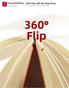 Detail view of brown leather notebook showing 360-degree flexibility and stitched binding