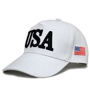 White cotton baseball cap with black USA 3D embroidery and American flag side patch