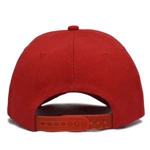 Rear view of a red cotton baseball cap featuring an adjustable plastic snapback closure