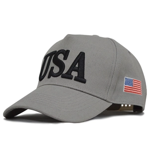 Grey baseball cap with USA 3D embroidery and flag patch, classic curved brim hat