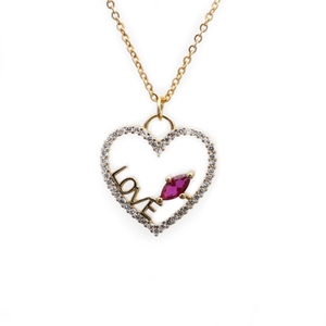Gold heart necklace with micro-pave crystals, LOVE engraving and a red gemstone