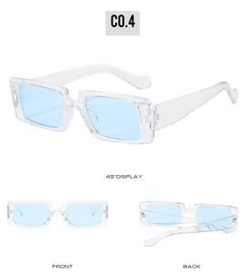Drei Ansichten einer quadratischen Sonnenbrille mit hellblauen Gläsern aus verschiedenen Winkeln