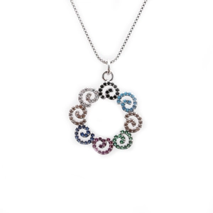 Silver geometric necklace featuring a circular pendant with colorful zircon micro-inlays
