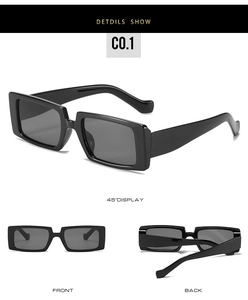 Detailansicht der schwarzen rechteckigen schmalen Sonnenbrille mit dickem Rahmen