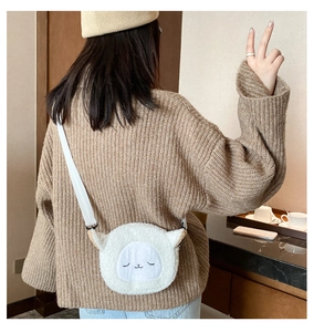 Cute lamb fleece crossbody bag for women with embroidered face and adjustable strap