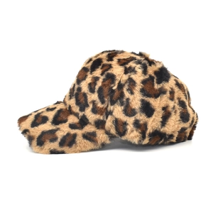 Side view of faux fur leopard print baseball cap featuring soft plush texture and curved brim
