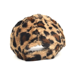 Rear view of a stylish leopard print faux fur baseball cap with adjustable strap