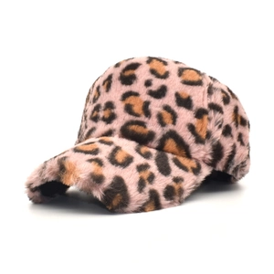 Pink leopard print faux fur baseball cap for women with fluffy winter texture