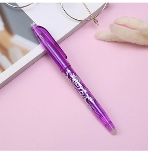 Macro shot of a purple erasable gel pen with silver dragon pattern on a desk