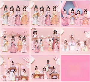 Detailed size comparison of cute resin Hanfu girl figurines in various artistic poses