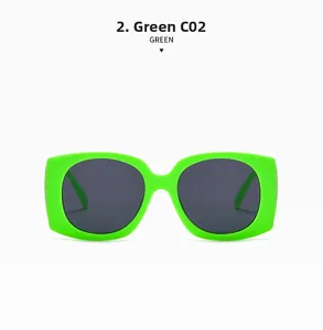 Detail of green oversized square sunglasses frame with dark grey lenses and C02 color code