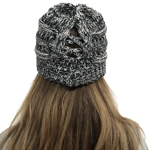 Detail showing the cross-back opening for ponytails on the mixed grey knit beanie