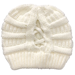 Detailed view of white knit beanie with back criss-cross design for ponytails