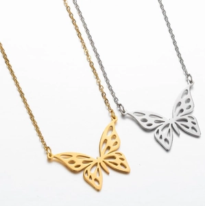 Elegant hollow butterfly pendant necklace set in gold and silver stainless steel