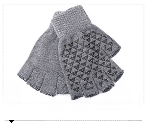 Detail view of grey knit half-finger gloves with black triangle anti-slip grip on palms