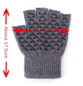 Gray knitted fingerless glove size guide showing 17.5cm length and 12cm width