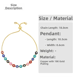 Detail of adjustable evil eye bracelet with colorful enamel beads and 18K gold plating