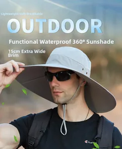 Detail of grey waterproof outdoor hat with 15cm wide brim and breathable mesh vents